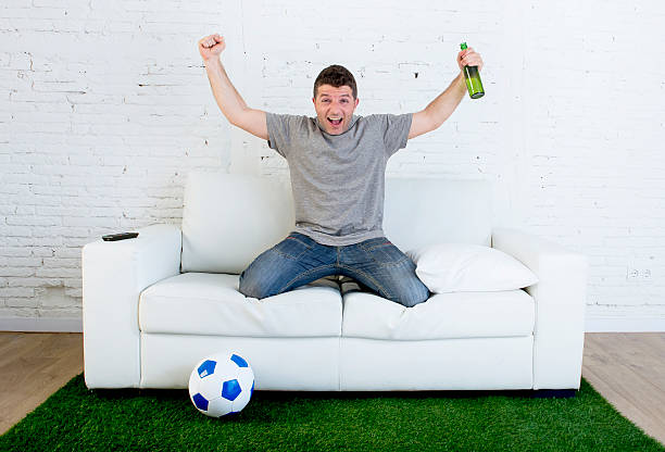 istock fan watching television in couch grass pitch carpet celebrating goal 540970608