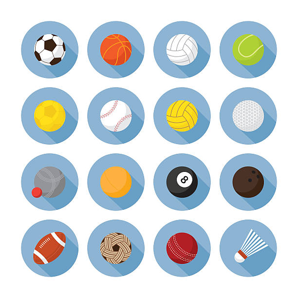 ilustraciones, imágenes clip art, dibujos animados e iconos de stock de equipo deportivo, conjunto de iconos planos de bola - sepak takraw