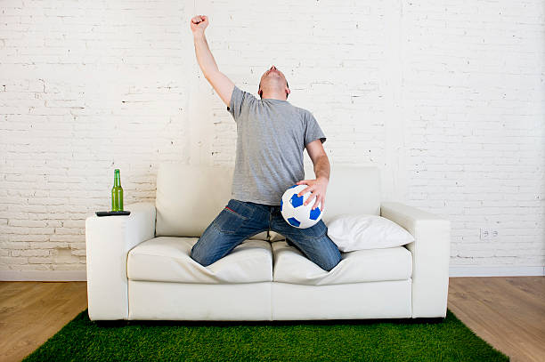istock fan watching television in couch grass pitch carpet celebrating goal 540970724