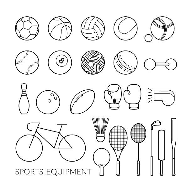 ilustraciones, imágenes clip art, dibujos animados e iconos de stock de equipo deportivo, conjunto de iconos de línea - sepak takraw