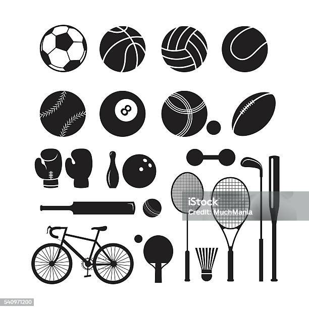 Sports Equipment Silhouette Objects Set Stock Illustration - Download Image Now - Pétanque, Tennis, Icon Symbol
