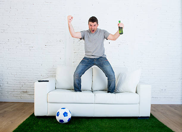 istock fan watching television in couch grass pitch carpet celebrating goal 540971226