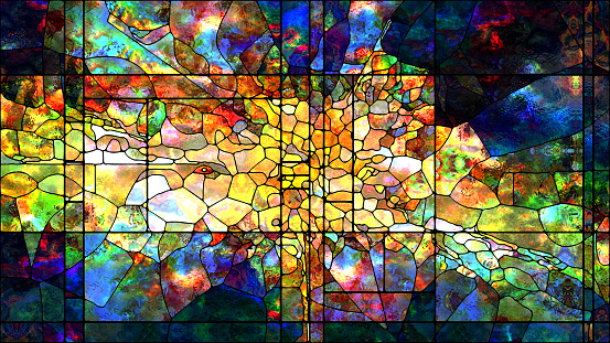 Stained Glass series. Composition of colorful stained glass patterns suitable as a backdrop for the projects on art, design and forces of Nature for extra large displays.