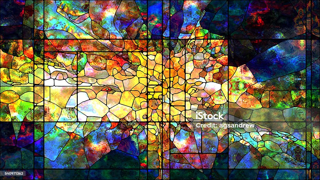 Metaphorical Stained Glass Stained Glass series. Composition of colorful stained glass patterns suitable as a backdrop for the projects on art, design and forces of Nature for extra large displays. Stained Glass Stock Photo