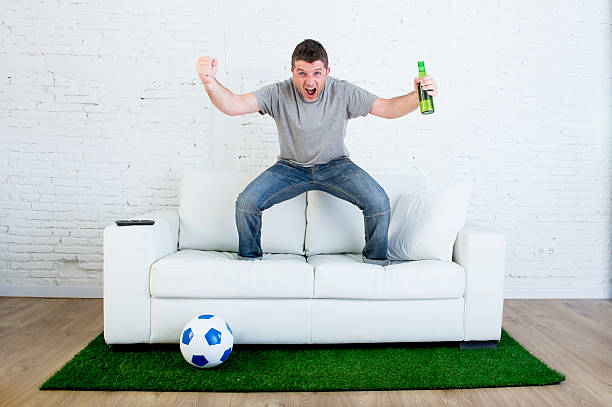 istock fan watching television in couch grass pitch carpet celebrating goal 540971386