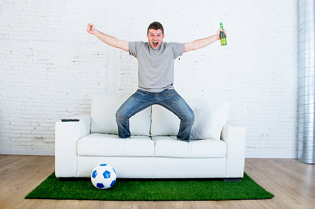 istock fan watching television in couch grass pitch carpet celebrating goal 540971522