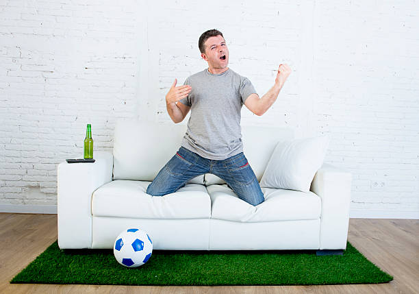 istock fan watching television in couch grass pitch carpet celebrating goal 540971780