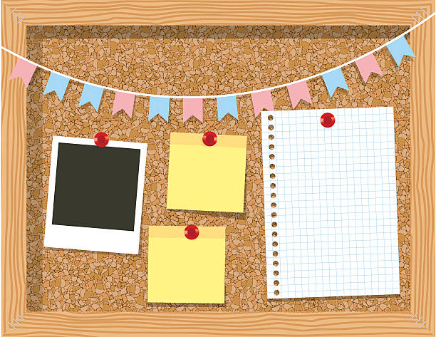Cork board with a piece of paper  photo frames Cork board with a piece of paper in the cage for paper records, photo frames and garland of flags bulletin board photos stock illustrations