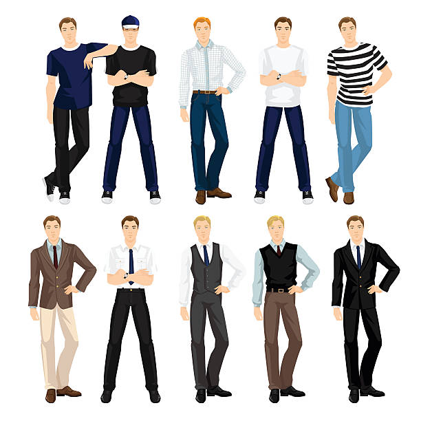 man in different clothes and pose Vector illustration of man character in different clothes and pose isolated on white background. Group of people in clothes for sport, work and holiday preppy fashion stock illustrations