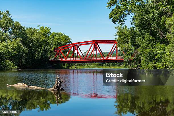 Red Bridge In Bright Daylight Over The Wallkill River Stock Photo - Download Image Now