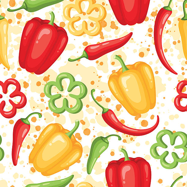 ilustrações de stock, clip art, desenhos animados e ícones de sem costura padrão com chili e bell doces ou pimentões - mexico chili pepper bell pepper pepper