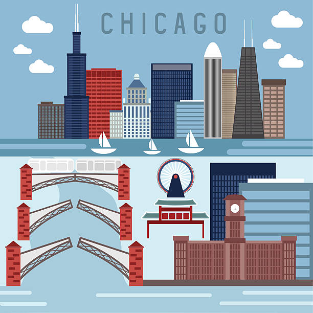 illustrations, cliparts, dessins animés et icônes de conception plat vecteur bannières horizontales avec les sites touristiques de chicago - chicago skyline lake nautical vessel