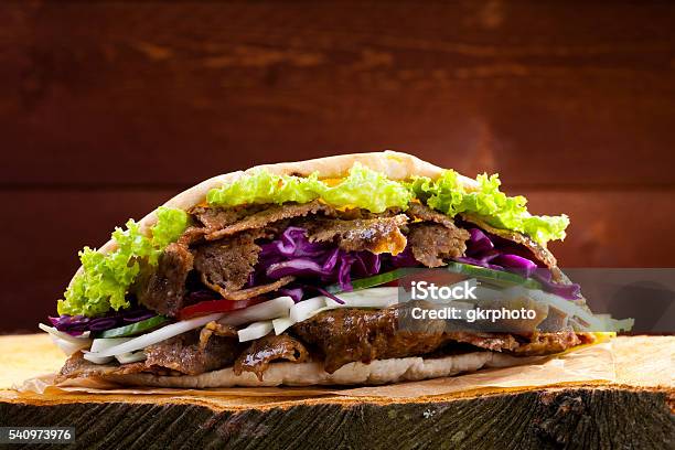 Beef Kebab In A Bun Stock Photo - Download Image Now - Beef, Bread, Cabbage