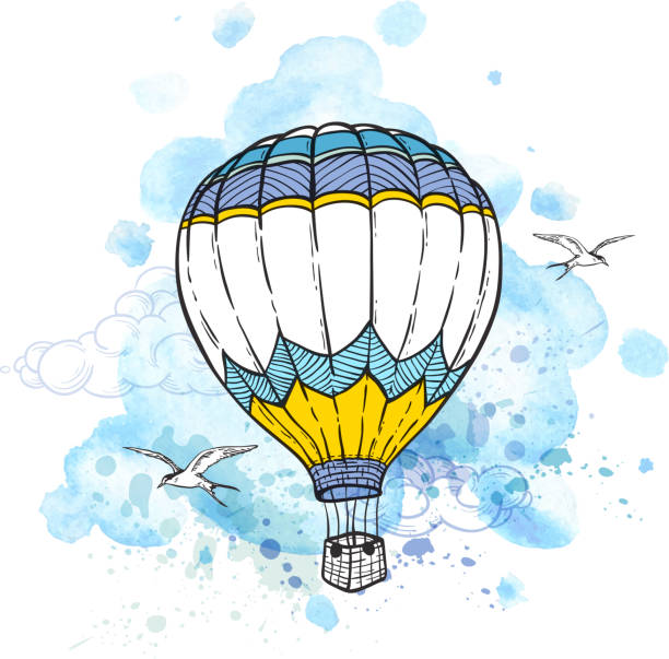Abstract background with air balloon Blue abstract background with air balloon flying in the sky. Hand drawn vector illustration. EPS10 file, contains transparency watercolor hot air balloon stock illustrations