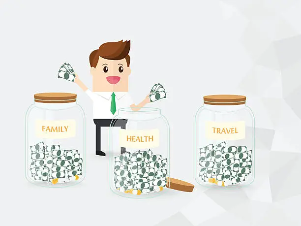 Vector illustration of businessman trying to collect money in savings money jar