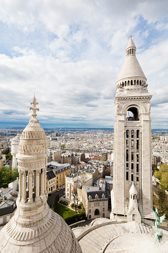View from the famous Basilique du sacre coeur in Paris, France. Bell tower in front. 50 Mpx XXXL size image.