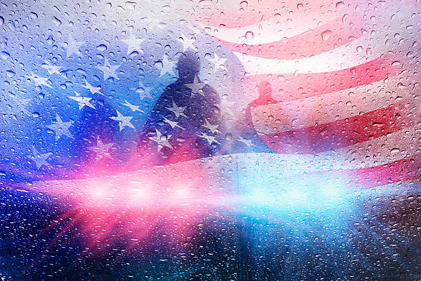 Police crime scene with lights and raindrops and american flag Police crime scene, rain background with police lights and american flag police vehicle lighting photos stock pictures, royalty-free photos & images