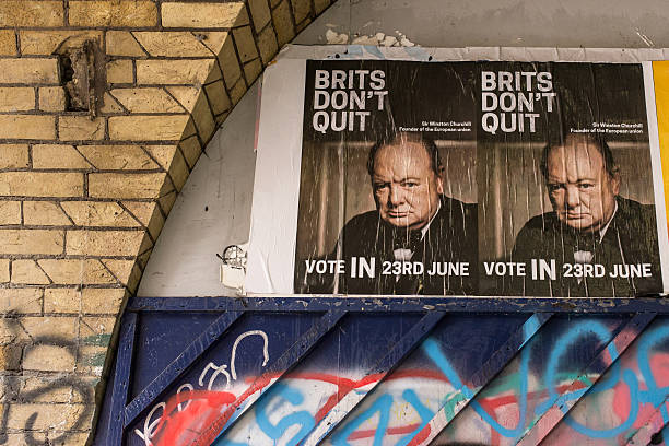 Posters in favor of vote to remain in European Union London, United Kingdom - June 19, 2016: Posters in favor of a vote to remain in the European Union with Winston Churchill's face and the words "Brits don't Quit". The referendum on the 23rd June 2016 will decide whether the UK should remain a member of the EU. churchill manitoba stock pictures, royalty-free photos & images