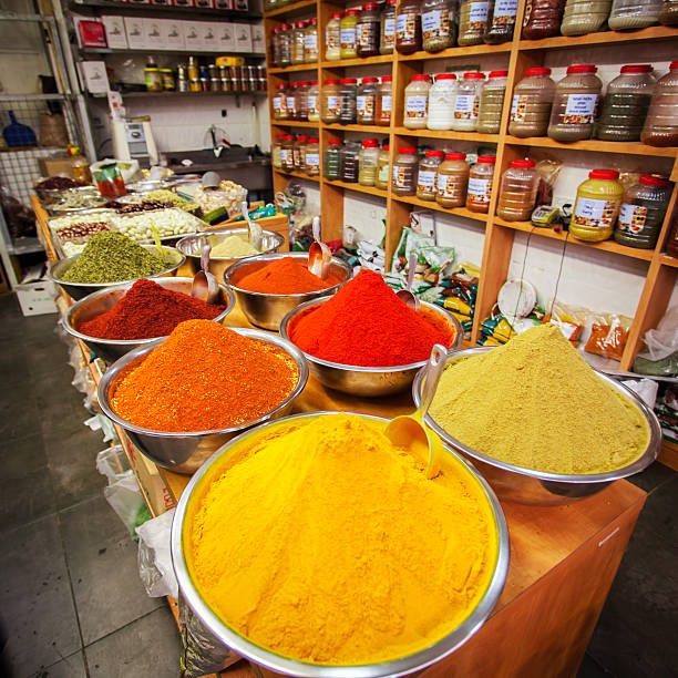 Various colored spices on the Mahane Yehuda Market in Jerusalem.