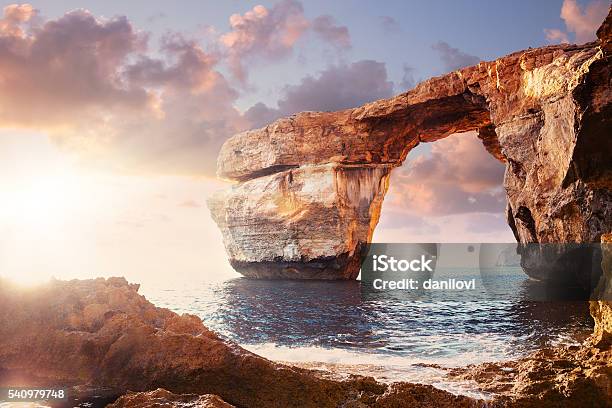 Azure Window In Sunset Malta Stock Photo - Download Image Now - Malta, Arch - Architectural Feature, Sea