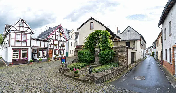 Unkel, Germany - June 18, 2016: Rhine River Town of Unkel in Rhineland-Palatinate. Half-timbered houses in the historic center.