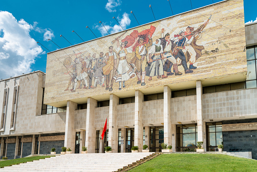 Tirana, Albania - August 28, 2013: Exterior of National History Museum at Skanderbeg Square - Sheshi Skënderbej in Tirana, Capital City of Albania