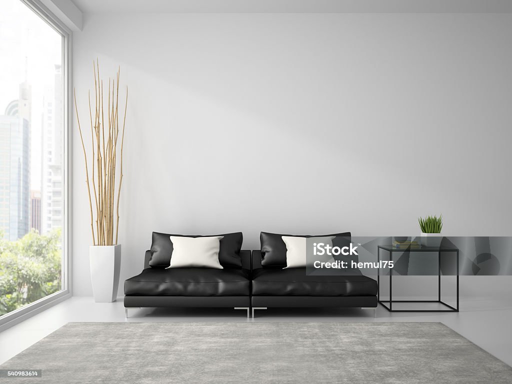 Part of  interior with black sofa and white pillows 3D Part of  interior with black sofa and white pillows 3D rendering Apartment Stock Photo