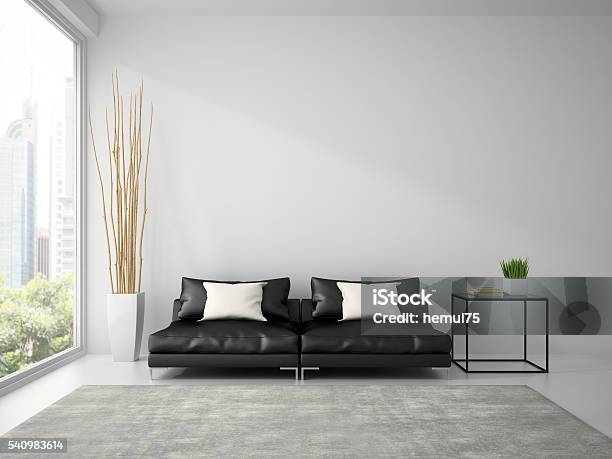 Part Of Interior With Black Sofa And White Pillows 3d Stock Photo - Download Image Now