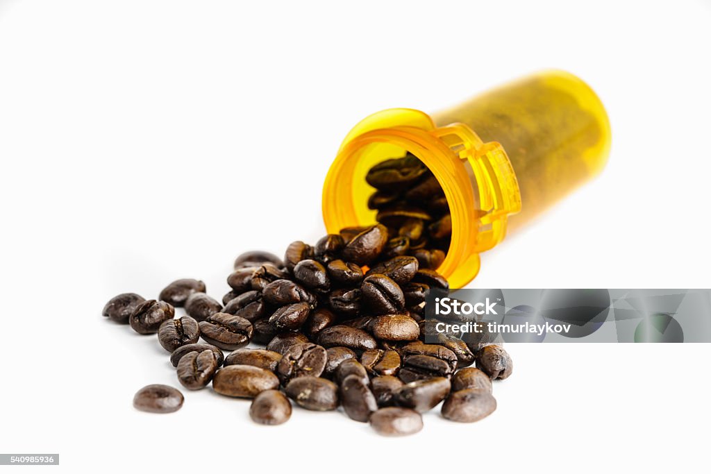 Coffee from the pill box concept - stromg medication Coffee as a medication concept - coffee as a strong but addictive medication Acetylsalicylic Acid Stock Photo