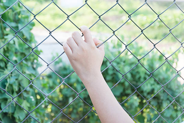 istock woman hand holding on chain link nature blur background 540986338