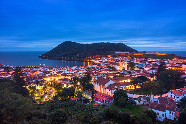 Angra do Heroismo on Terceira Island (Azores) Elevated view on the UNESCO world heritage town of Angra do Heroismo on Terceira Island, the third biggest island of the Azores. terceira azores stock pictures, royalty-free photos & images