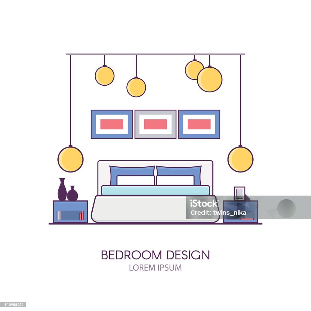 Modern Bedroom Interior Design In Linear Flat Style Stock Illustration ...