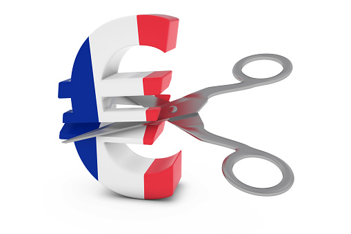 France Price Cut/Deflation Concept - French Flag Euro Symbol Cut in Half with Scissors - 3D Illustration