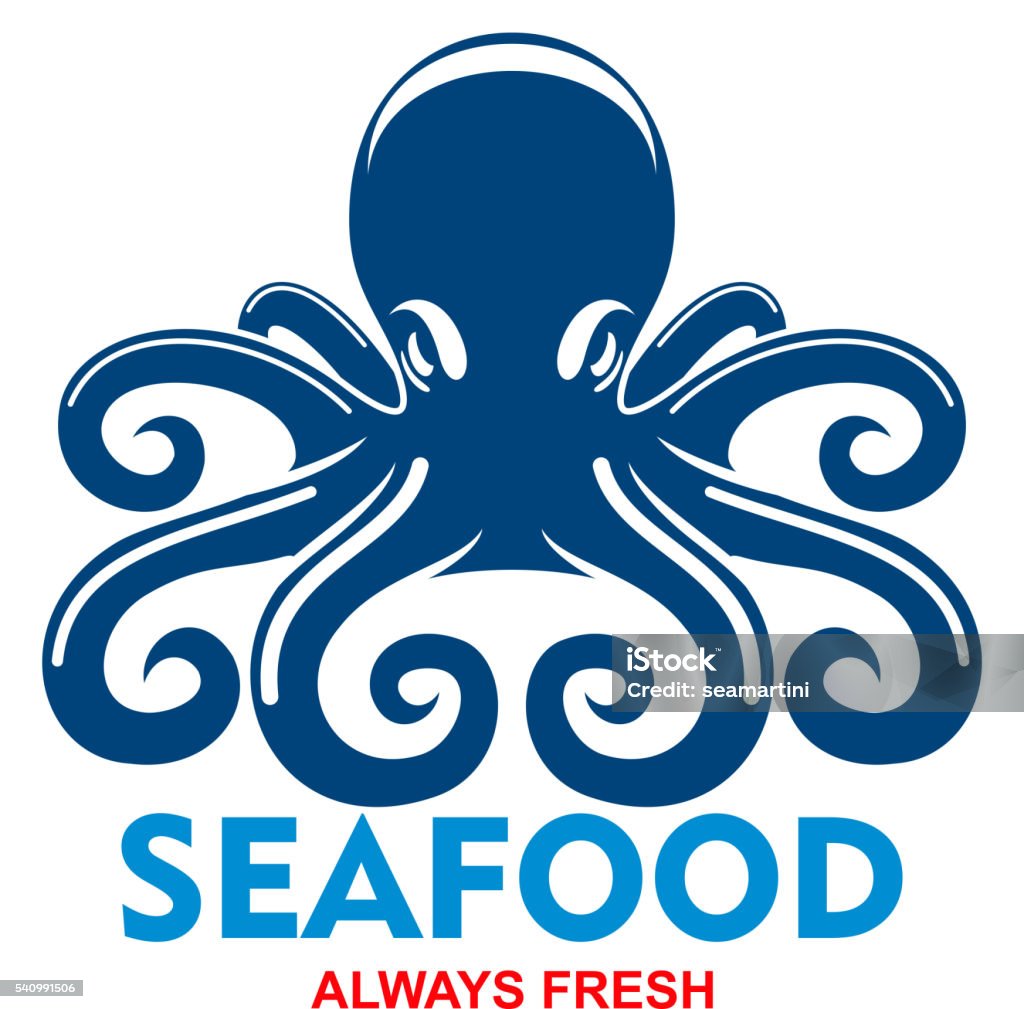 Blue pacific octopus icon for seafood menu design Giant pacific reef octopus icon for seafood badge template for restaurant or cafe menu design usage with blue mollusk with long and curled tentacles Animal stock vector