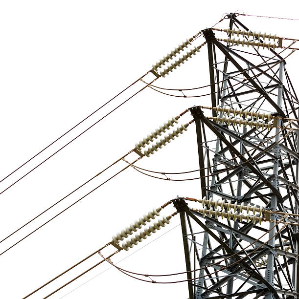 istock High voltage electricity pylon, against white square background, copy space 540992904