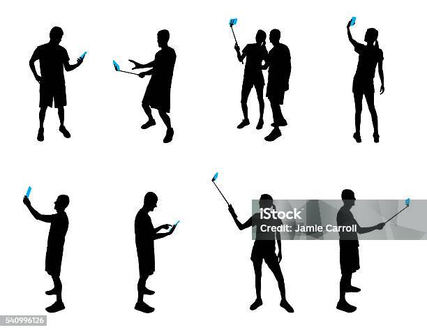 Silhouettes With Mobile Devices Stock Illustration - Download Image Now - Adult, Back Lit, Black Color