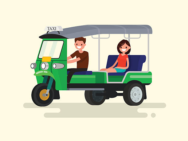 ilustrações de stock, clip art, desenhos animados e ícones de driver and passenger three-wheeled tuk-tuk taxi. vector illustra - jinrikisha thailand tuk transportation