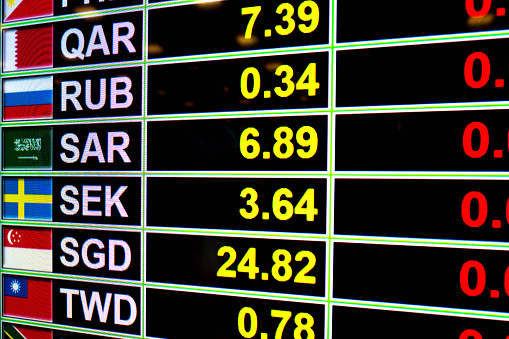 Right sign airport departure information board. Close-up. Roof construction in the background. Blue color. Horizontal orientation. Ne people.