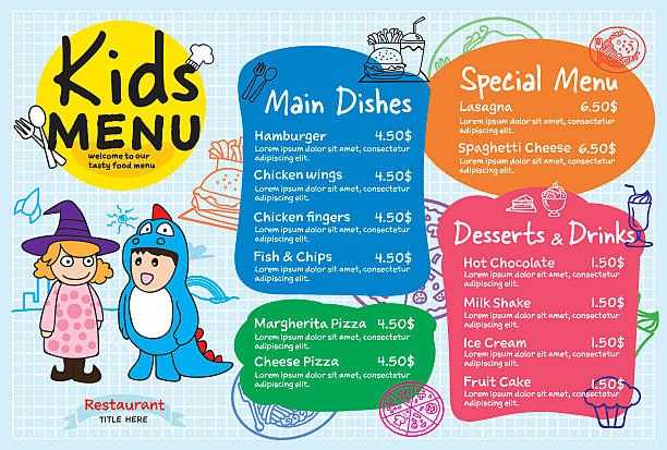ilustrações de stock, clip art, desenhos animados e ícones de colorful kids meal menu vector template illustration for restaurant - cooking backgrounds breakfast cake