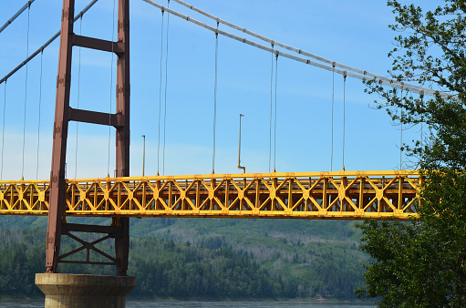 An image of a yellow suspension bridge against a blue sky.