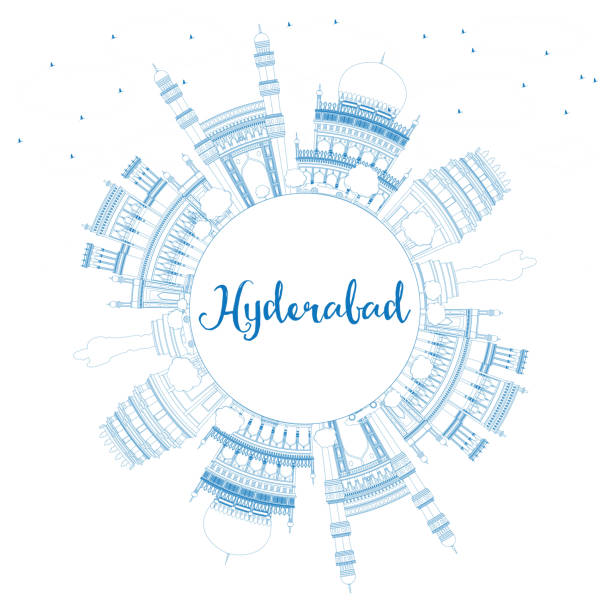 ilustrações, clipart, desenhos animados e ícones de esboço de hyderabad horizonte azul com marcos e espaço para texto. - hyderabad