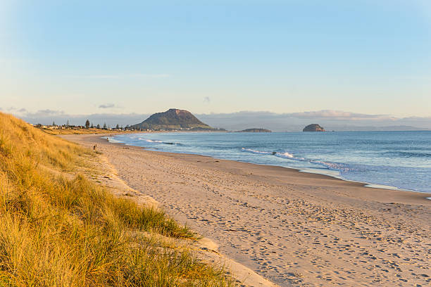 Papamoa at sunrise looking toward the Mount Papamoa at sunrise looking toward the Mount at end of beach mount maunganui stock pictures, royalty-free photos & images