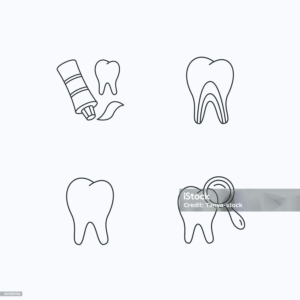 Tooth, dental diagnostics and toothpaste icons. Tooth, dental diagnostics and toothpaste icons. Dentinal tubules linear sign. Flat linear icons on white background. Vector Backgrounds stock vector