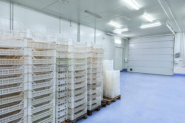 Inside of Big Industrial Refrigerator Storage at -30 Celcius Stacked meat and burger packs are at -30 degrees celcius in a meat processing factory. Big Industrial refrigerator or dryer for any kind of food, meat, fruit or vegetable. From -10 to -80 degrees celcius. refrigeration business air conditioner factory stock pictures, royalty-free photos & images
