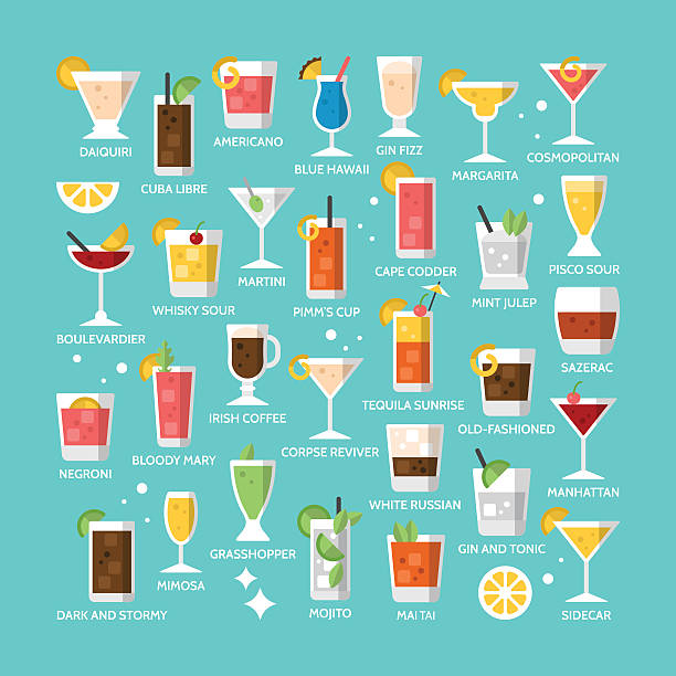 koktajl alkoholu mieszać napój ikony dla menu, sieć i grafika - cocktail martini glass margarita martini stock illustrations