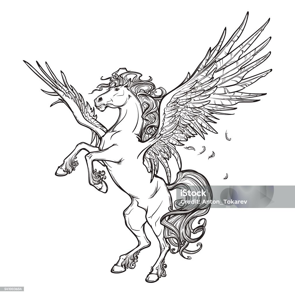 Pegasus supernatural beast. Sketch isolated on white background Pegasus greek mythological creature. Legendary beast concept drawing. Heraldry figure. Vintage tattoo design. Sketch isolated on a white background. EPS10 vector illustration. Pegasus stock vector