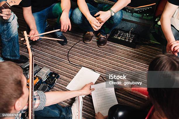 Musicians Discussing New Song Top View Stock Photo - Download Image Now - Backstage, Musician, Rehearsal