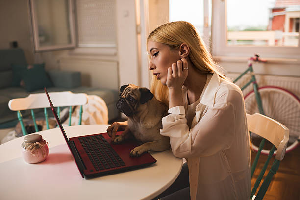 istock Young woman and her dog using laptop at home. 541004104