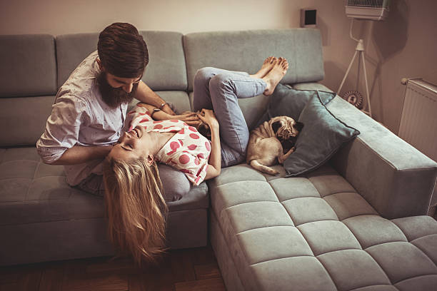 istock Young happy couple having fun together on sofa at home. 541004800