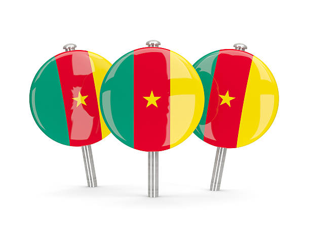 Flag of cameroon, round pins on white. 3D illustration